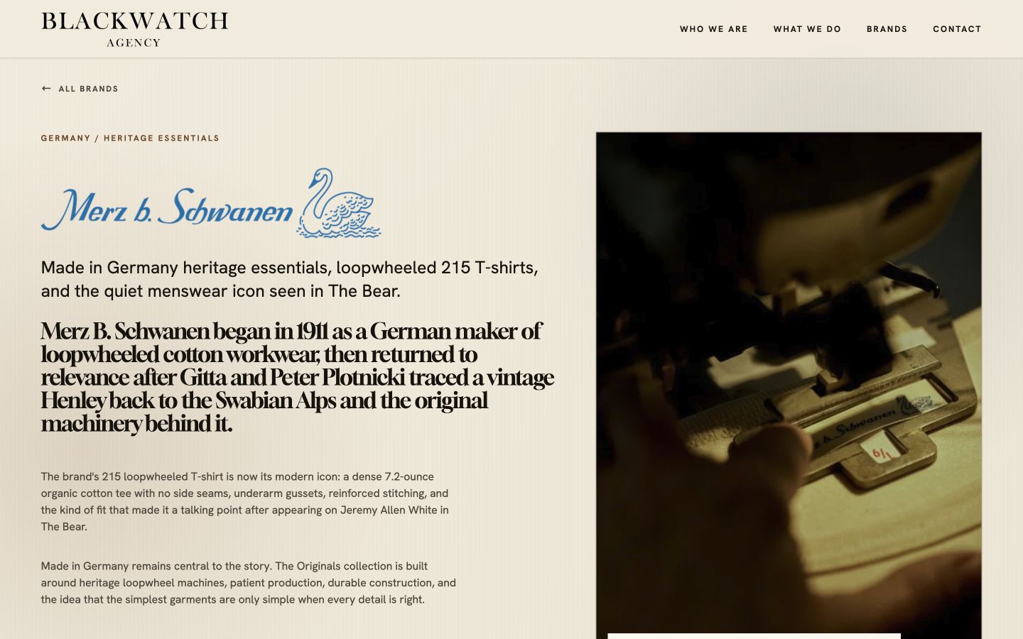 Blackwatch Agency Merz B Schwanen brand page on desktop