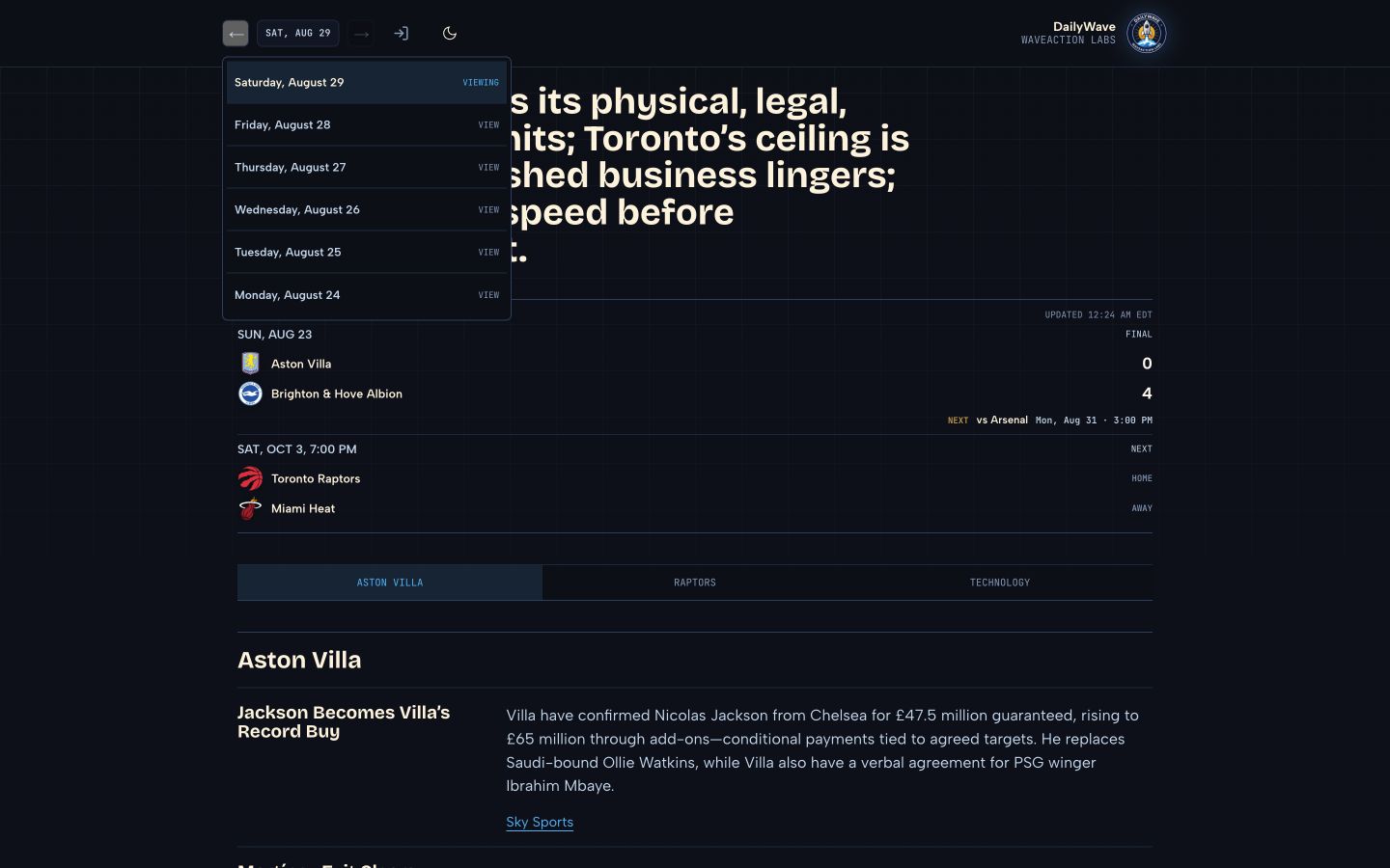DailyWave recent briefings menu on desktop