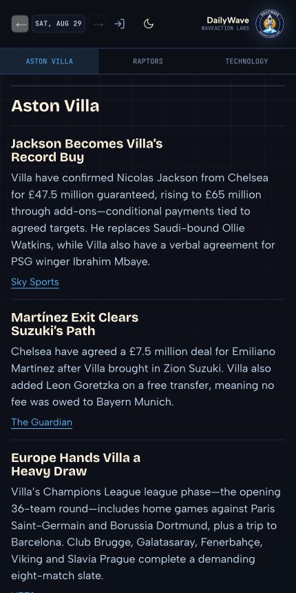 DailyWave Aston Villa briefing on mobile