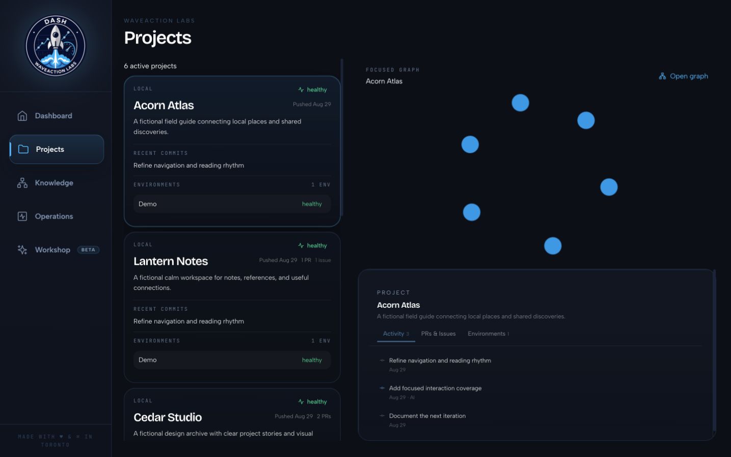 Dash projects list with fictional demo projects on desktop