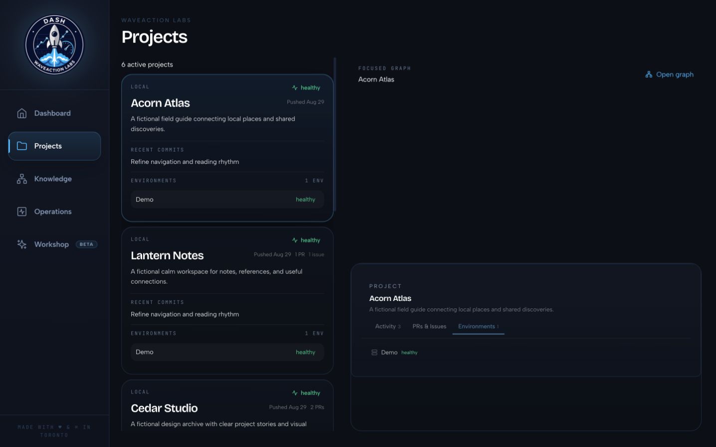 Dash project Environments panel with synthetic demo status on desktop