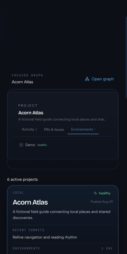 Dash project Environments panel with synthetic demo status on mobile