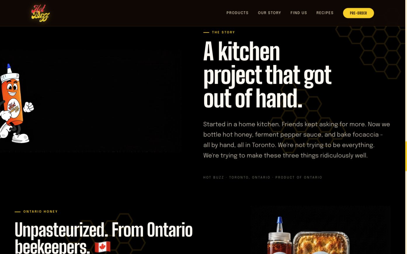 Hot Buzz brand story on desktop