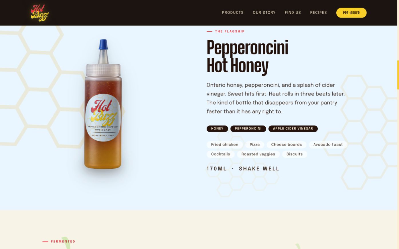 Hot Buzz pepperoncini hot honey product story on desktop