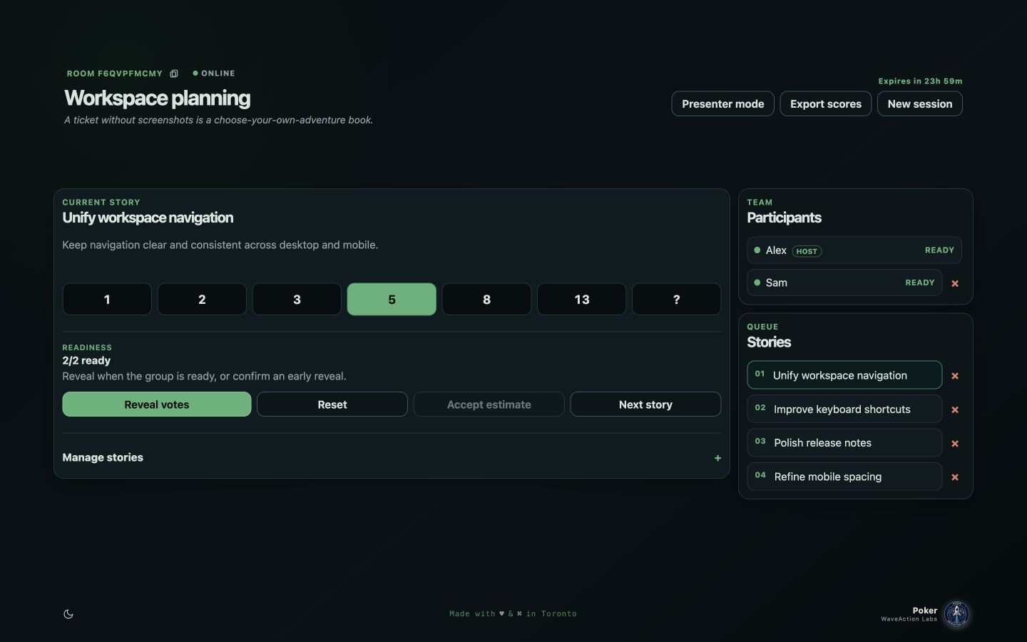Planning Poker host voting with two demo teammates and four queued stories on desktop