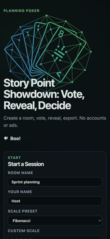 Planning Poker start screen in dark theme on mobile