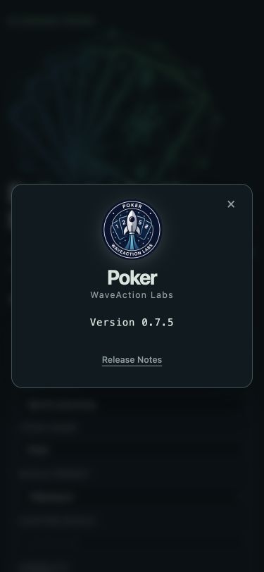 Planning Poker About dialog with WaveAction Labs branding and version 0.7.5 on mobile