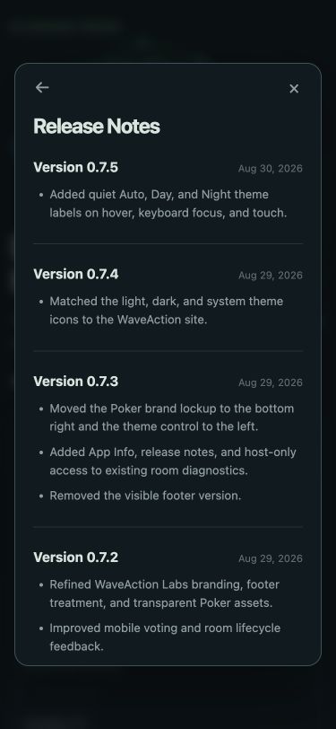 Planning Poker release notes in the About dialog on mobile