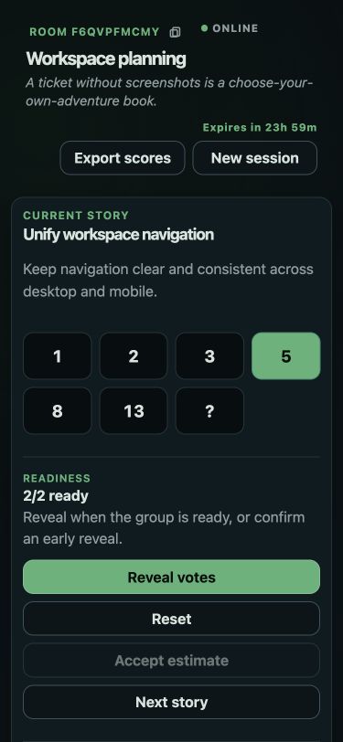 Planning Poker host voting with two demo teammates and four queued stories on mobile