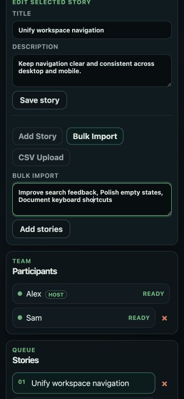 Planning Poker bulk story import and story management on mobile