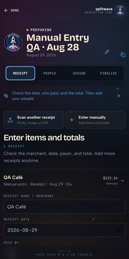 SplitWave sample receipt workspace on mobile