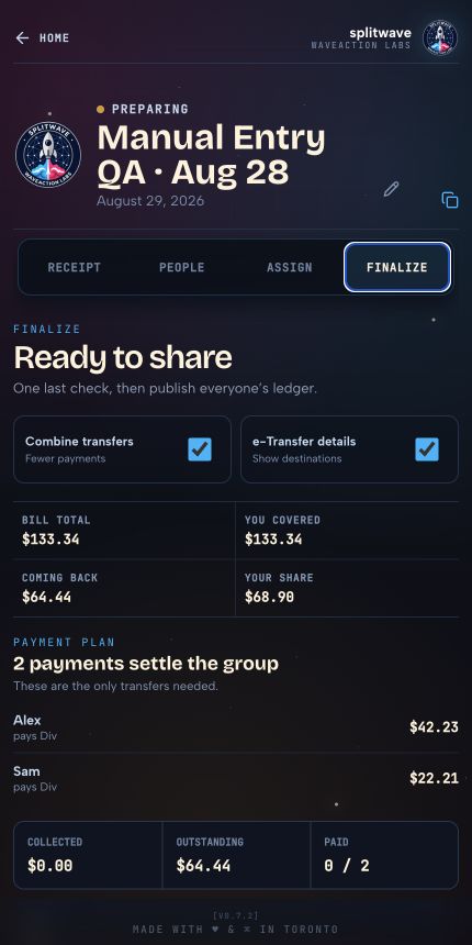 SplitWave sample settlement review on mobile