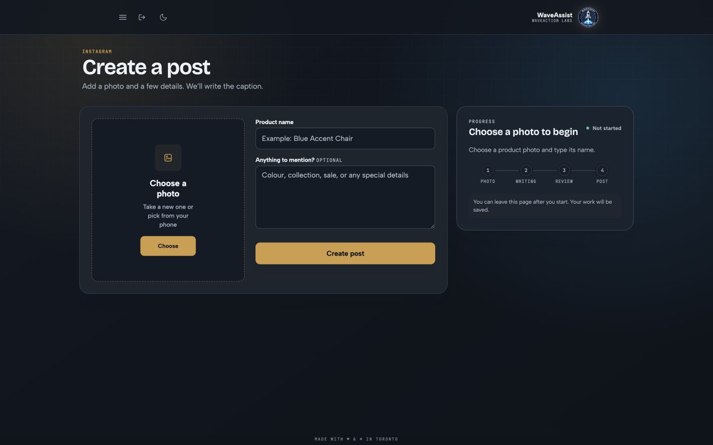 WaveAssist Instagram product photo workflow on desktop