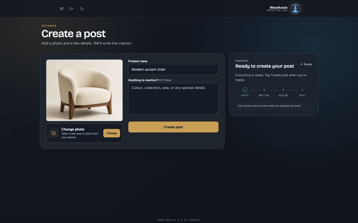 WaveAssist product photo ready to create an Instagram post on desktop