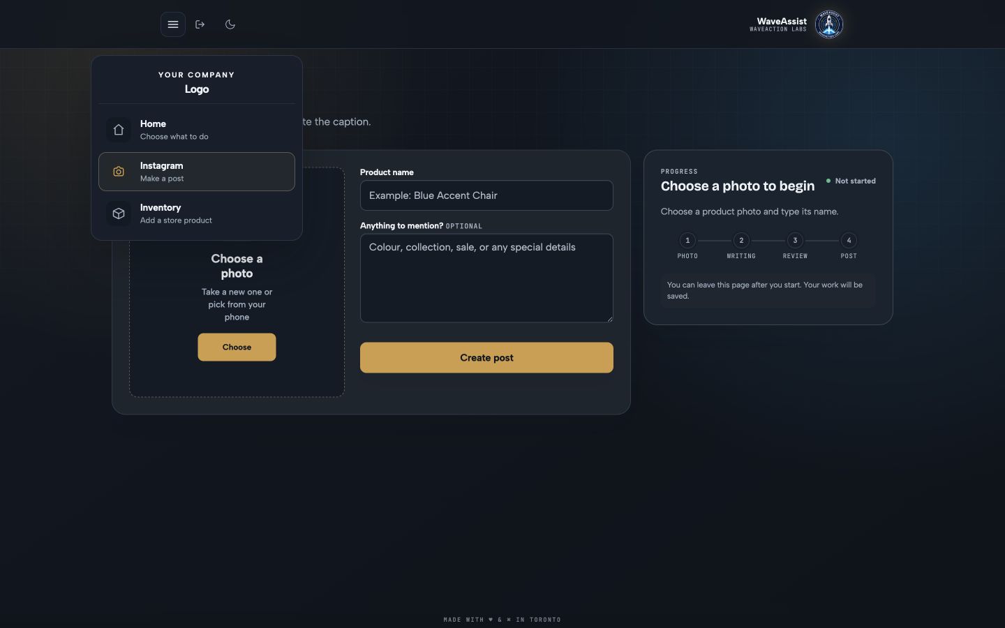 WaveAssist expanded navigation on desktop