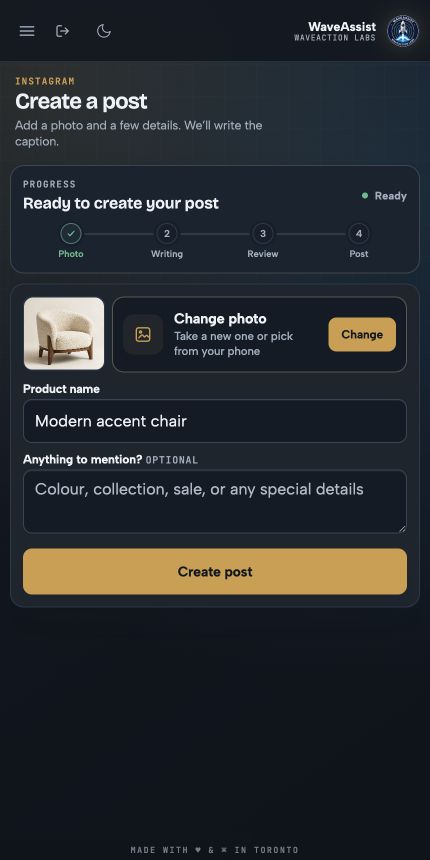 WaveAssist product photo ready to create an Instagram post on mobile